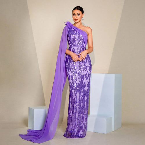 High Class Elegant Long Sleeve Diagonal Collar Ribbon Cocktail Sheath Sequined Evening Dress Dress