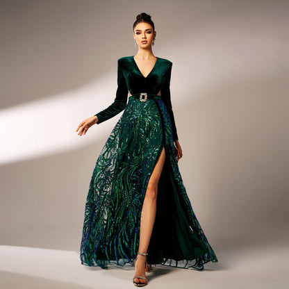 Long Sleeved V neck Sequined Split D Large Swing Evening Dress Bridesmaid