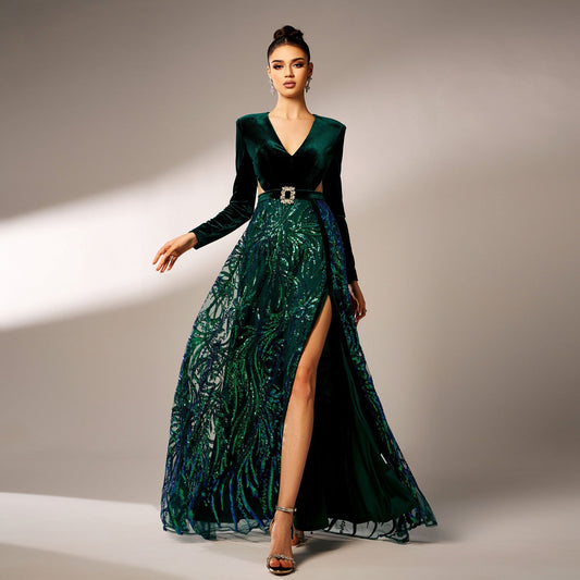 Long Sleeved V neck Sequined Split D Large Swing Evening Dress Bridesmaid