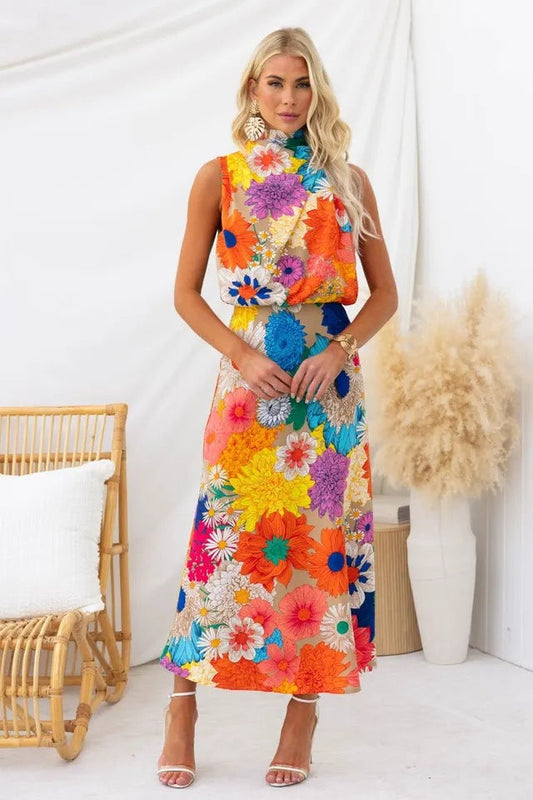 European Popular Vacation Printing Sleeveless Halter Waist Tight Maxi Dress