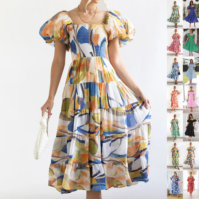 Holiday Slim Fit Backless Large Swing Dress off-Neck Printed Dress Summer