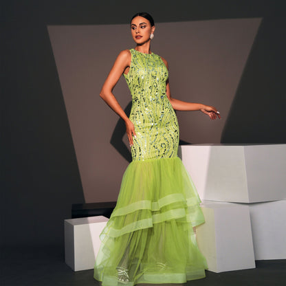 Elegant Long Sequined Sleeveless Round Neck Cocktail Evening Dress Bridesmaid Dress