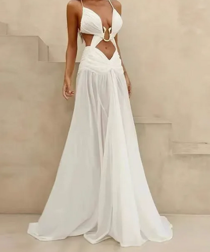 Mesh White Spaghetti Strap Hollow Out Dress