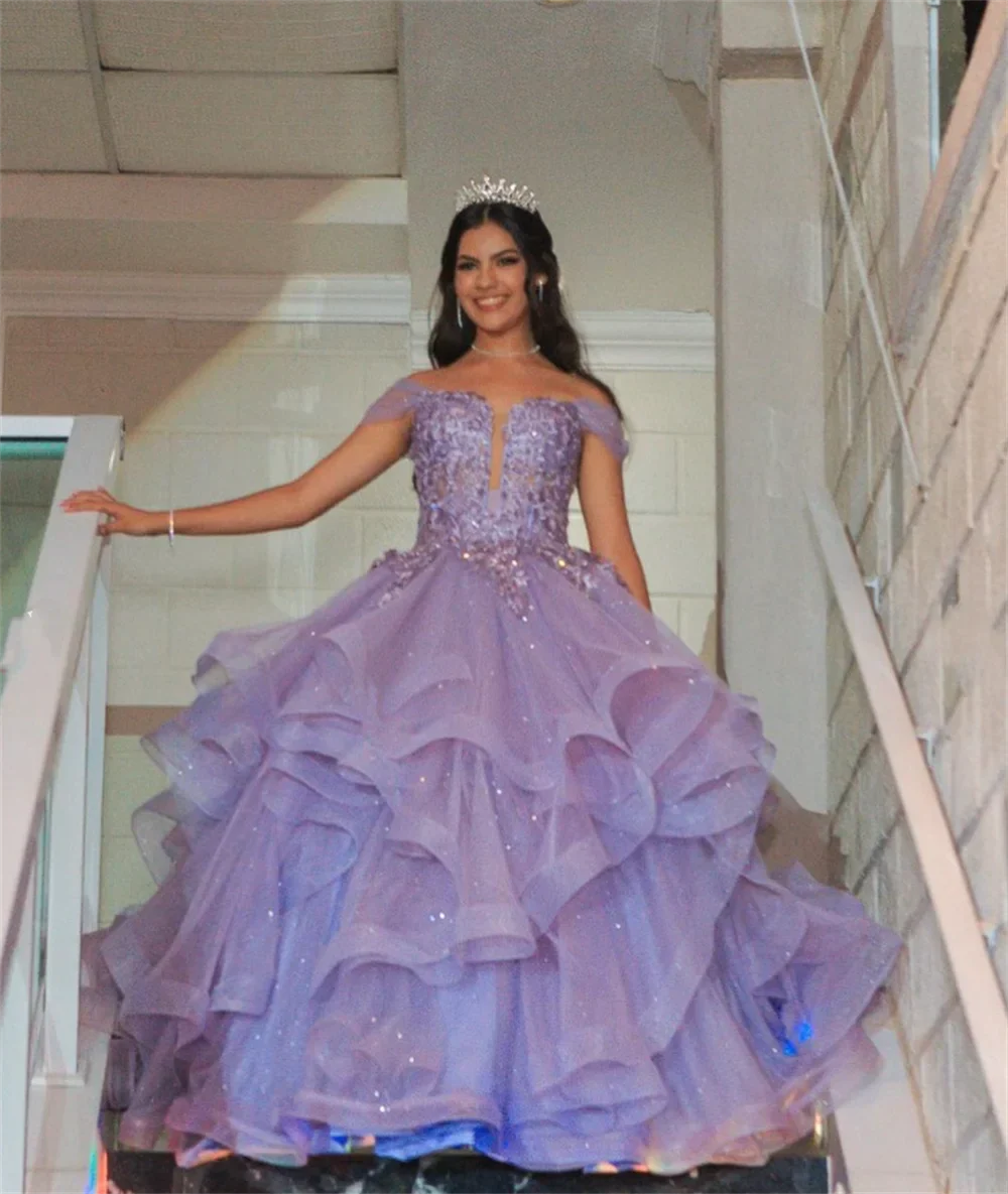 Lace Embroidery Glitter Fluffy Ruffle Purple Evening Dresses