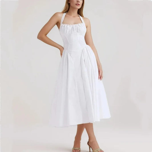 Corset Style Bow Halter Spliced Lace Midi Dress