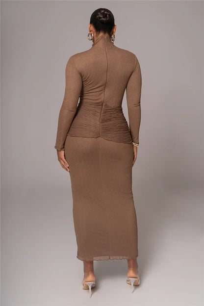 Long Sleeve Drape Turtleneck Maxi Dress