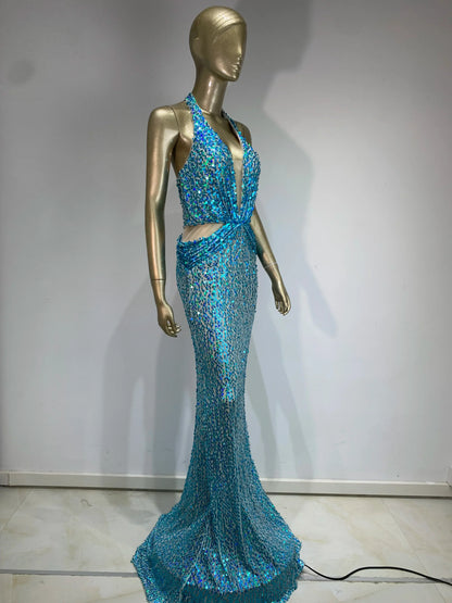 Halter Blue Sequins Sparkly Glitter Maxi Dress