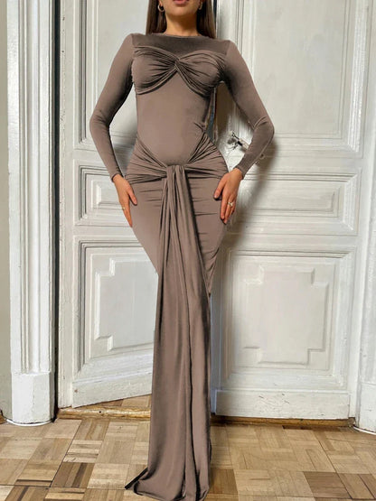 Long Sleeve Pleated Draped Maxi Dress
