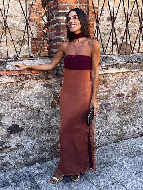 Elegant Ribbon Patchwork Off-Shoulder Strapless Maxi Dress