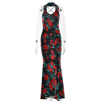 Floral Print Backless Maxi Dress