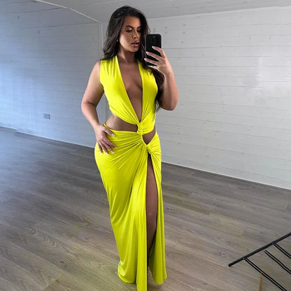 Deep V Cut Out Slit Asymmetrical Long Dress