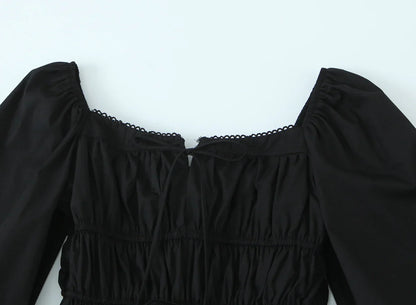 Bow Square Collar Puff Long Sleeve Elastic Waist Mini Dress
