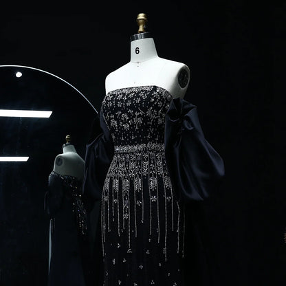 Crystal Tassel Black Evening Dress with Straps / Cape Strapless