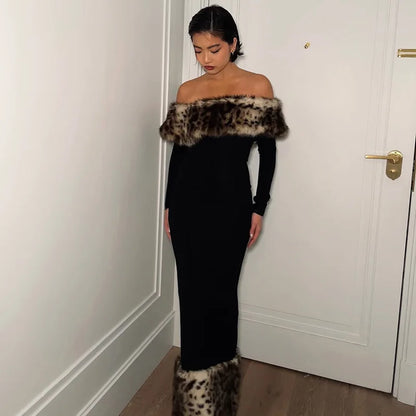Leopard Print Fluff Splicing Maxi Dress