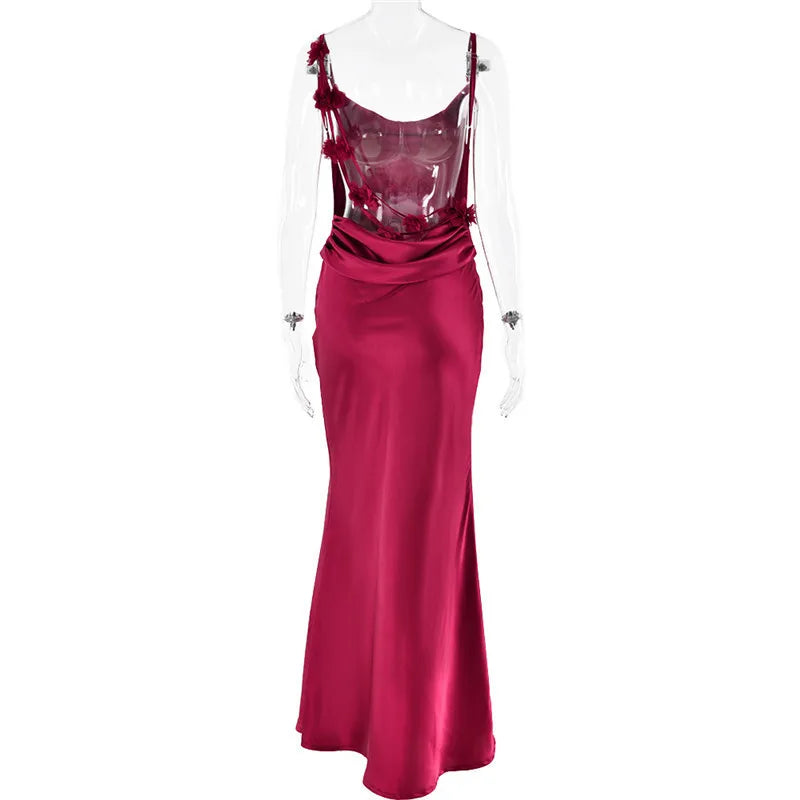Floral Draped Open Back Spaghetti Strap Maxi Dress