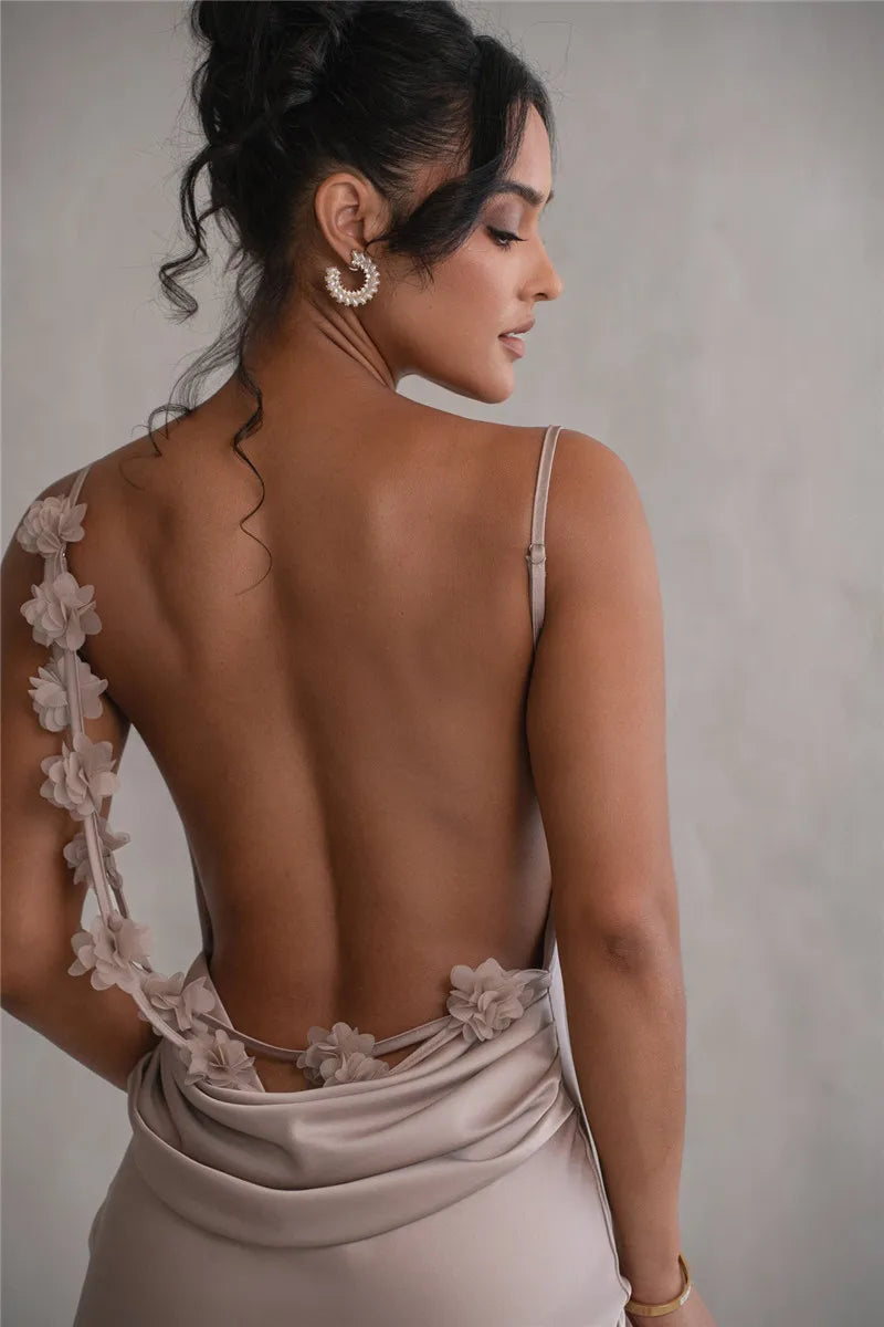 Floral Draped Open Back Spaghetti Strap Maxi Dress