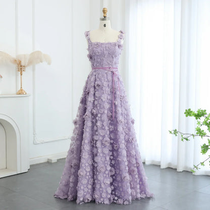 Lilac 3D Embroidered Flowers High Slit Evening Dress