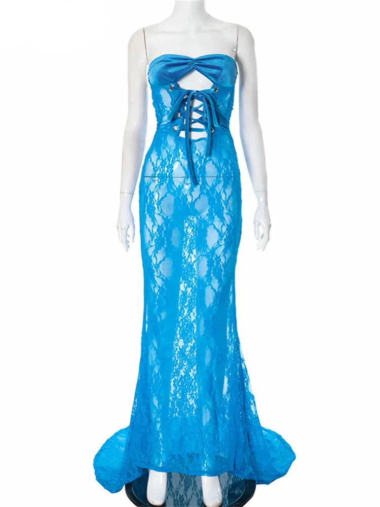Lace Up Hollow Out Corset Tube Maxi Dress