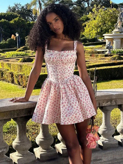 Flower Printed Open Back A-line Corset Mini Dress