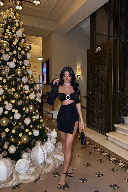 Hollow Out Backless One-Sleeve Side Slit Mini Dress