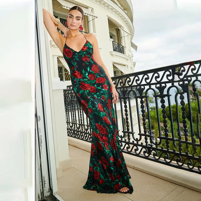 Floral Print Backless Maxi Dress