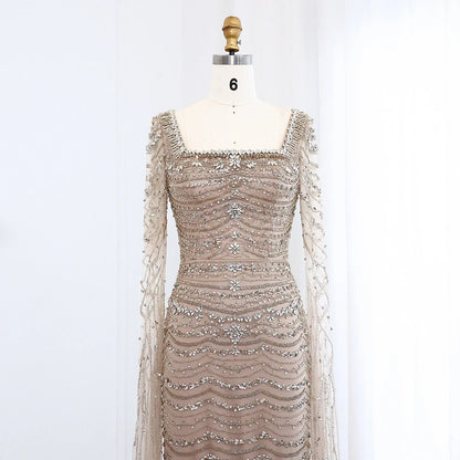 Caramel Square Neck Mermaid Evening Dress Cape Sleeves