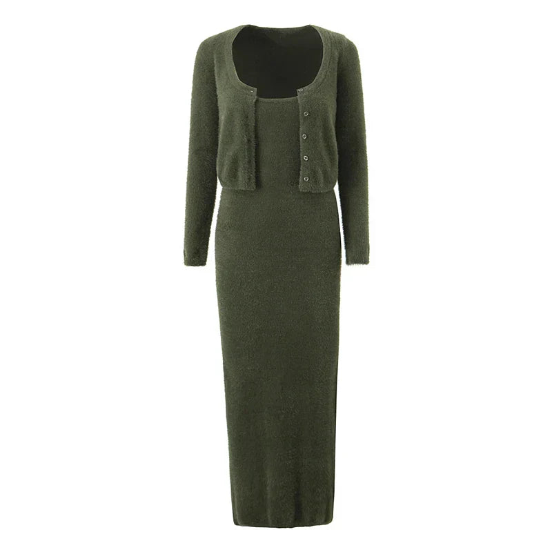 Knitted Cardigan With Camisole Dress Two-piece Set