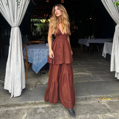 Brown V-neck Layered Maxi Dress