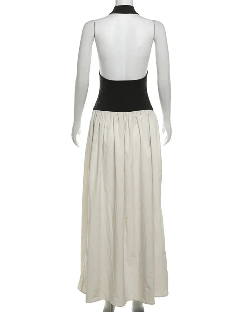 Contrast Patchwork Halter Backless Long Bodycon Dress