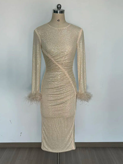 Feathers Rhinestone Folds Midi Dress