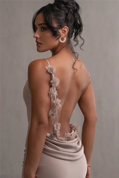 Floral Draped Open Back Spaghetti Strap Maxi Dress