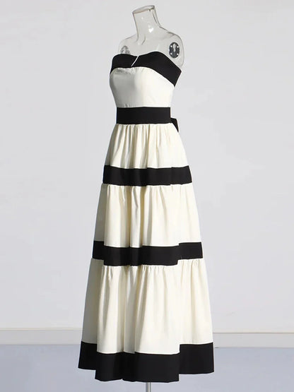 Colorblock Patchwork Bow Strapless Long Dress