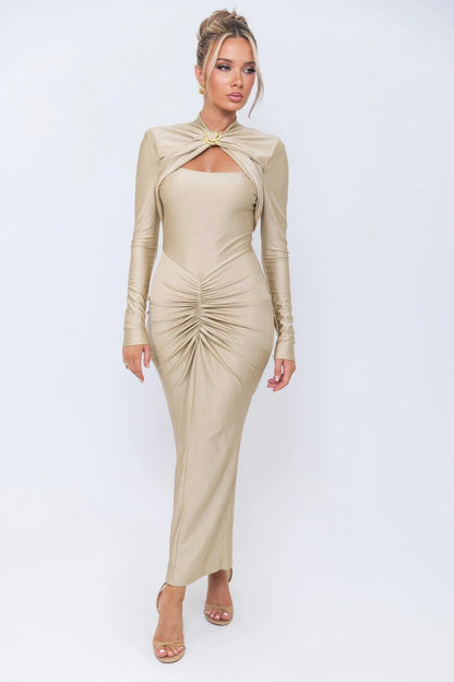 Long Sleeved Pleated Hollowed Out Maxi Dress
