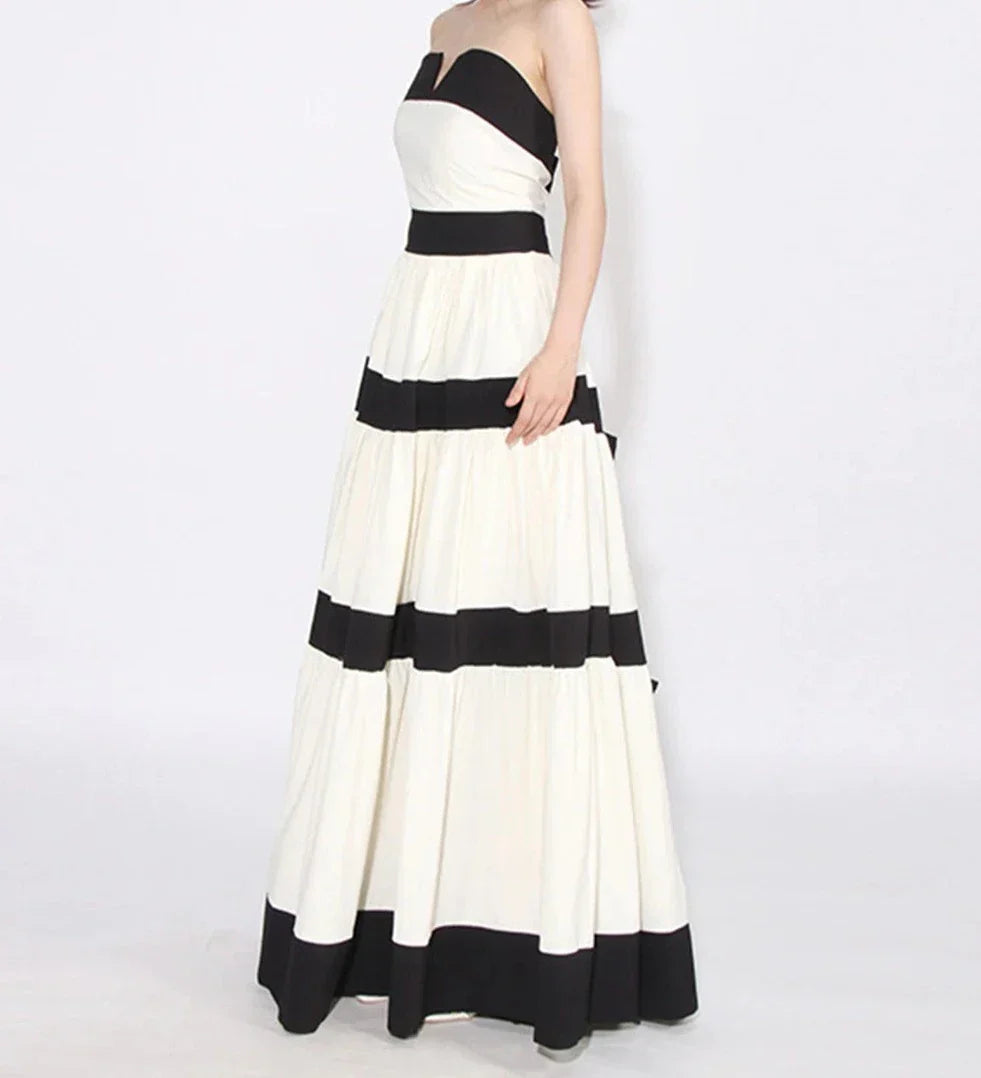Colorblock Patchwork Bow Strapless Long Dress