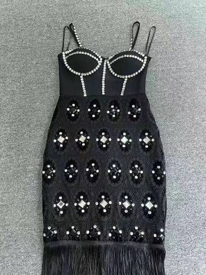 Diamond Tassel Spaghetti Strap Backless Mini Dress
