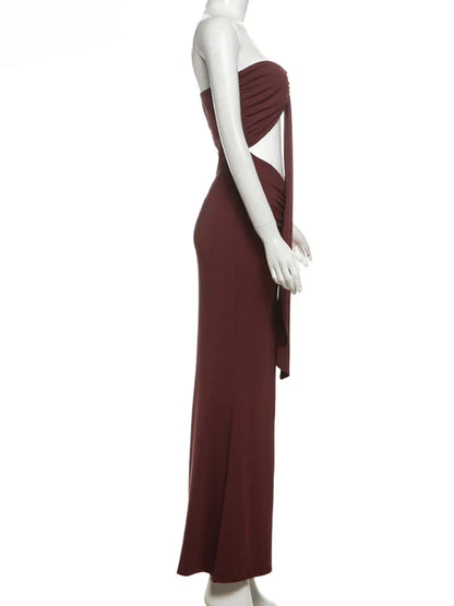 Brown Tube Cut Out Drape Midi Dress