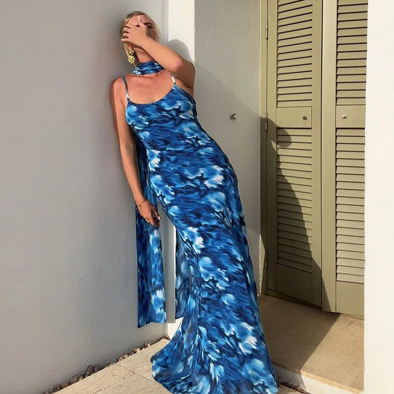 Halter Backless Blue Printed Lace-up Long Dress