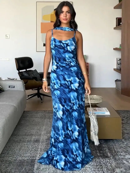 Halter Backless Blue Printed Lace-up Long Dress