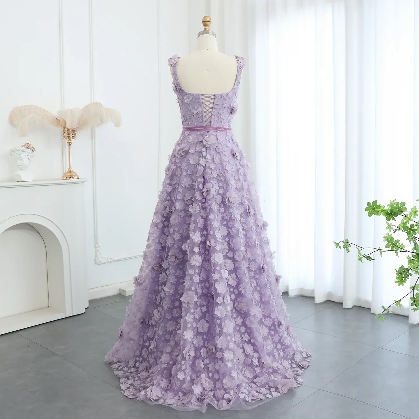 Lilac 3D Embroidered Flowers High Slit Evening Dress