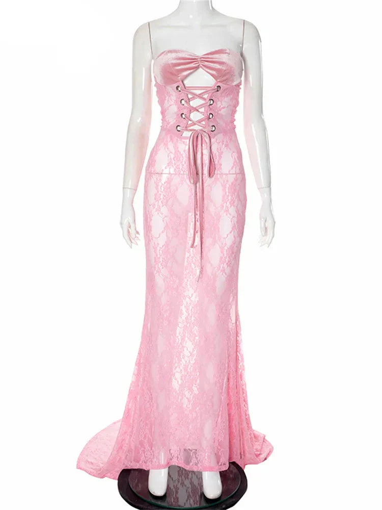 Lace Up Hollow Out Corset Tube Maxi Dress