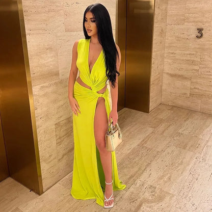 Deep V Cut Out Slit Asymmetrical Long Dress
