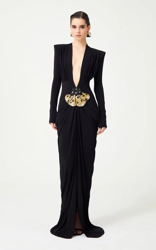 Deep V Neck Long Sleeves Black Maxi Dress  Party Gown
