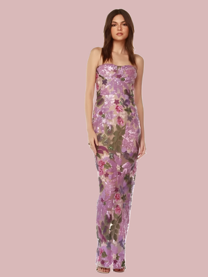 Floral-Embellished Sequin Lavender Ankle Length Dress