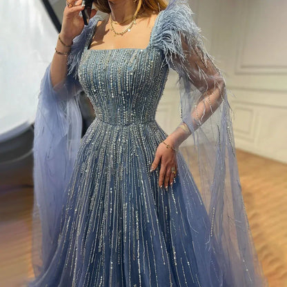 Cape Sleeves Feathers Beaded Evening Dresses
