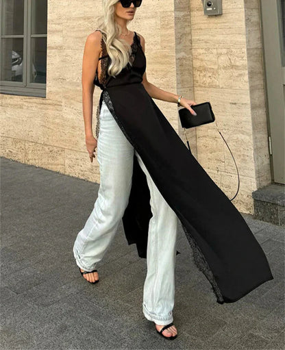 Lace Satin Patchwork High Split Maxi Dress