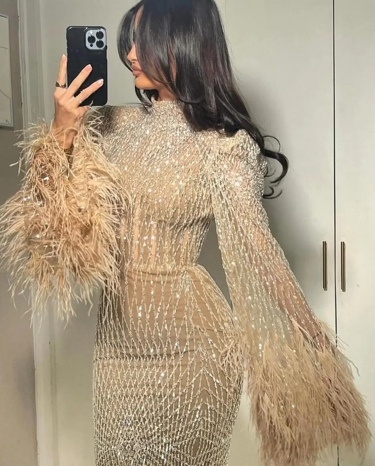 Feather Embellished Evening Gown with Long Sleeves