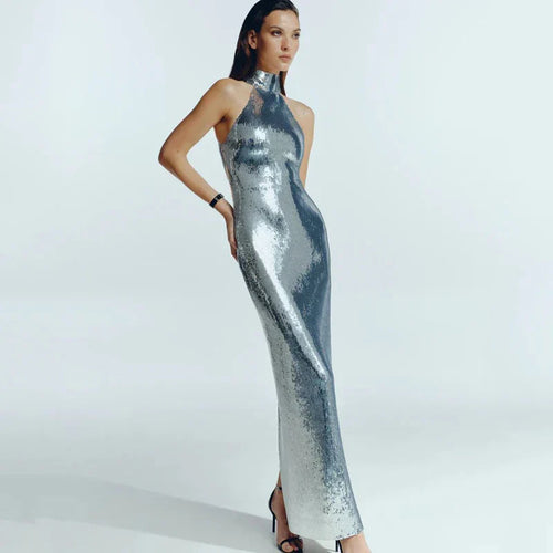 High neck bead wrapped hip skirt slit sequin dress