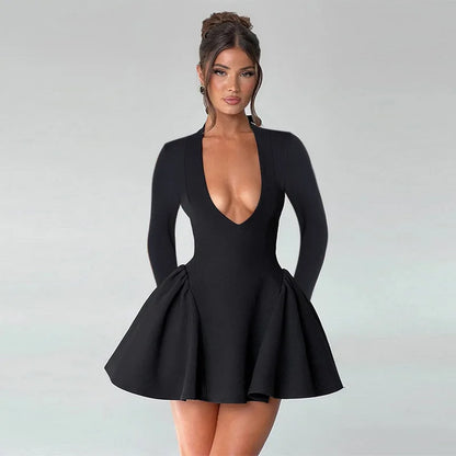 Deep V Long Sleeve Bodycon Mini Dress