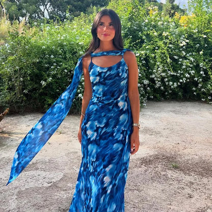 Halter Backless Blue Printed Lace-up Long Dress