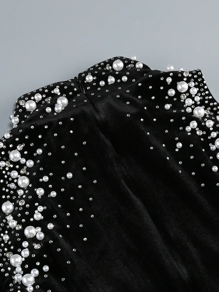 Long Sleeve Black Velvet Pearl Maxi Dress